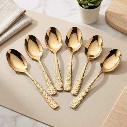 Parage Hammered Stainless PVD Gold Steel Spoon Set of 6, 16.5cm Dinner Spoons, 1.7mm Thickness Heavy Gauge Cutlery Set with Mirror Finish, Tableware Spoons for Home Kitchen Dining