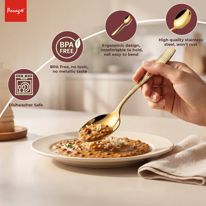 Parage Hammered Stainless PVD Gold Steel Spoon Set of 6, 16.5cm Dinner Spoons, 1.7mm Thickness Heavy Gauge Cutlery Set with Mirror Finish, Tableware Spoons for Home Kitchen Dining