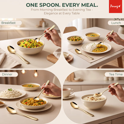 Parage Hammered Stainless PVD Gold Steel Spoon Set of 6, 16.5cm Dinner Spoons, 1.7mm Thickness Heavy Gauge Cutlery Set with Mirror Finish, Tableware Spoons for Home Kitchen Dining