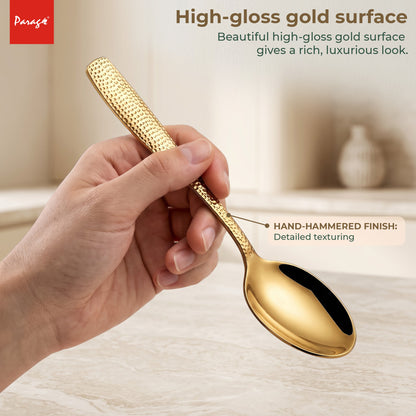 Parage Hammered Stainless PVD Gold Steel Spoon Set of 6, 16.5cm Dinner Spoons, 1.7mm Thickness Heavy Gauge Cutlery Set with Mirror Finish, Tableware Spoons for Home Kitchen Dining