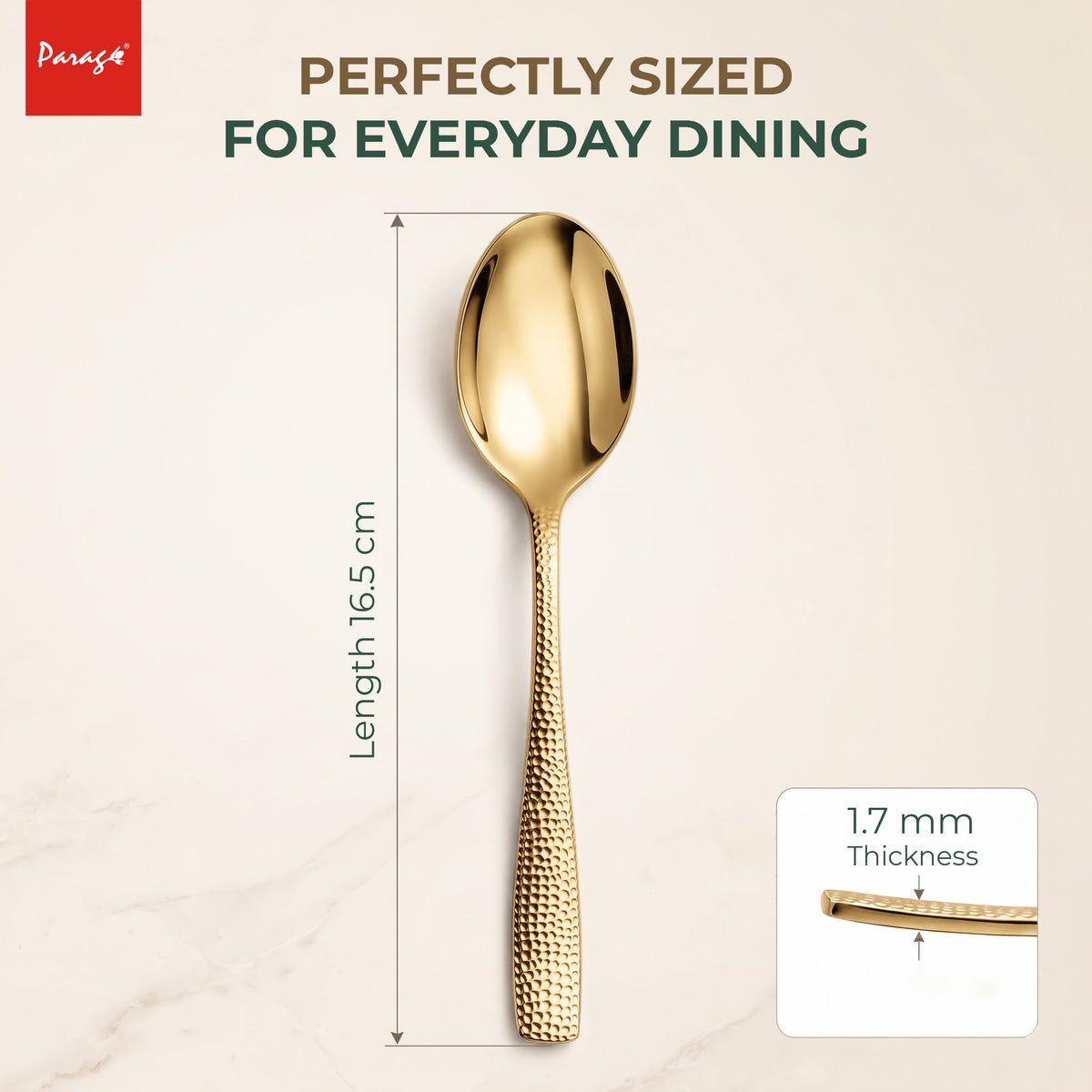 Parage Hammered Stainless PVD Gold Steel Spoon Set of 6, 16.5cm Dinner Spoons, 1.7mm Thickness Heavy Gauge Cutlery Set with Mirror Finish, Tableware Spoons for Home Kitchen Dining