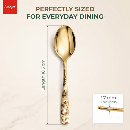 Parage Hammered Stainless PVD Gold Steel Spoon Set of 6, 16.5cm Dinner Spoons, 1.7mm Thickness Heavy Gauge Cutlery Set with Mirror Finish, Tableware Spoons for Home Kitchen Dining