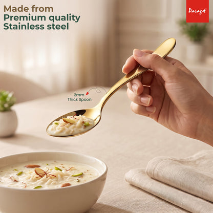 Parage Tiara Stainless Steel PVD Gold Dinner Spoon Set of 6, Length 16cm Tableware with 2mm Thickness Spoons, Mirror Finish for Home Kitchen Dining