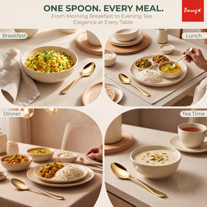 Parage Tiara Stainless Steel PVD Gold Dinner Spoon Set of 6, Length 16cm Tableware with 2mm Thickness Spoons, Mirror Finish for Home Kitchen Dining