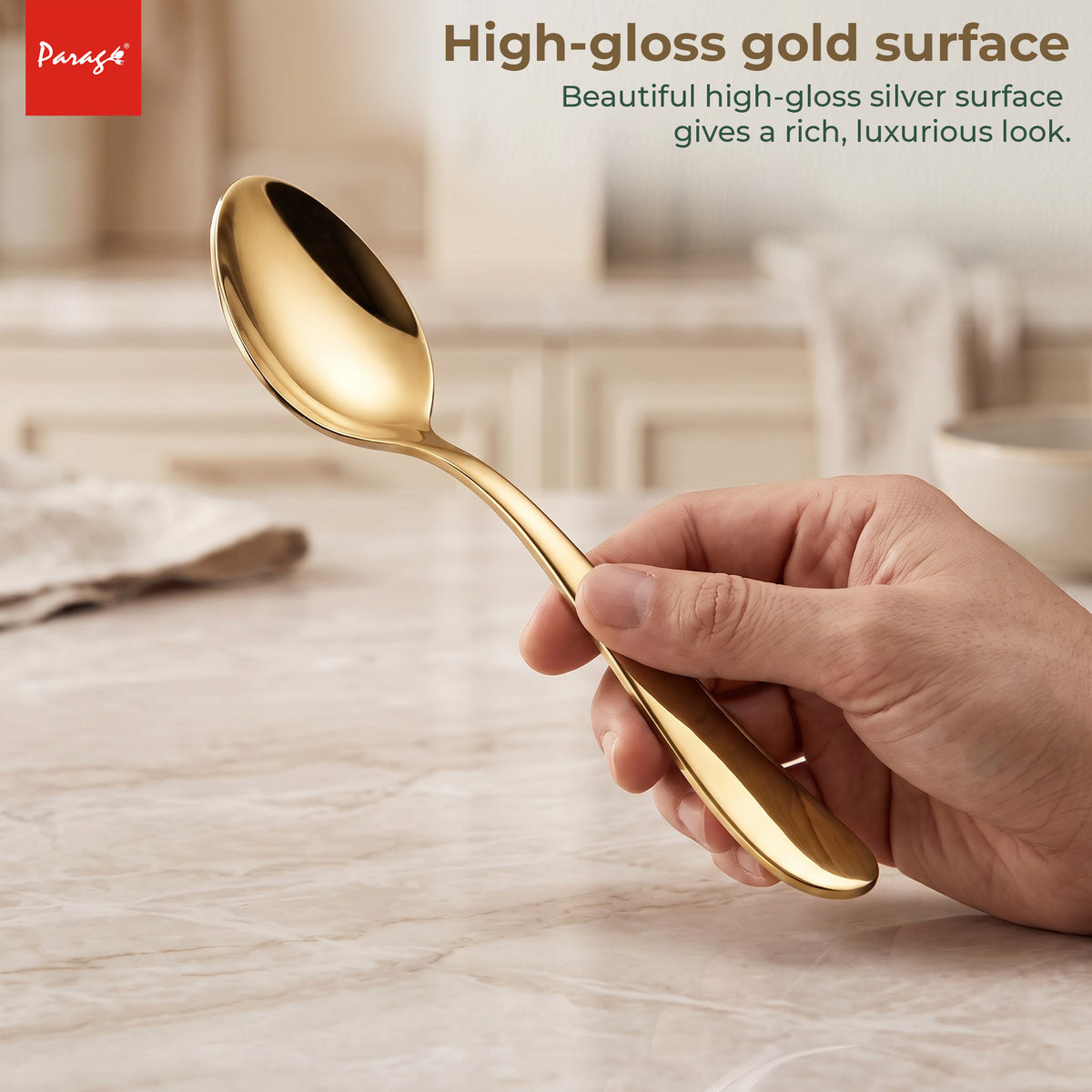Parage Tiara Stainless Steel PVD Gold Dinner Spoon Set of 6, Length 16cm Tableware with 2mm Thickness Spoons, Mirror Finish for Home Kitchen Dining