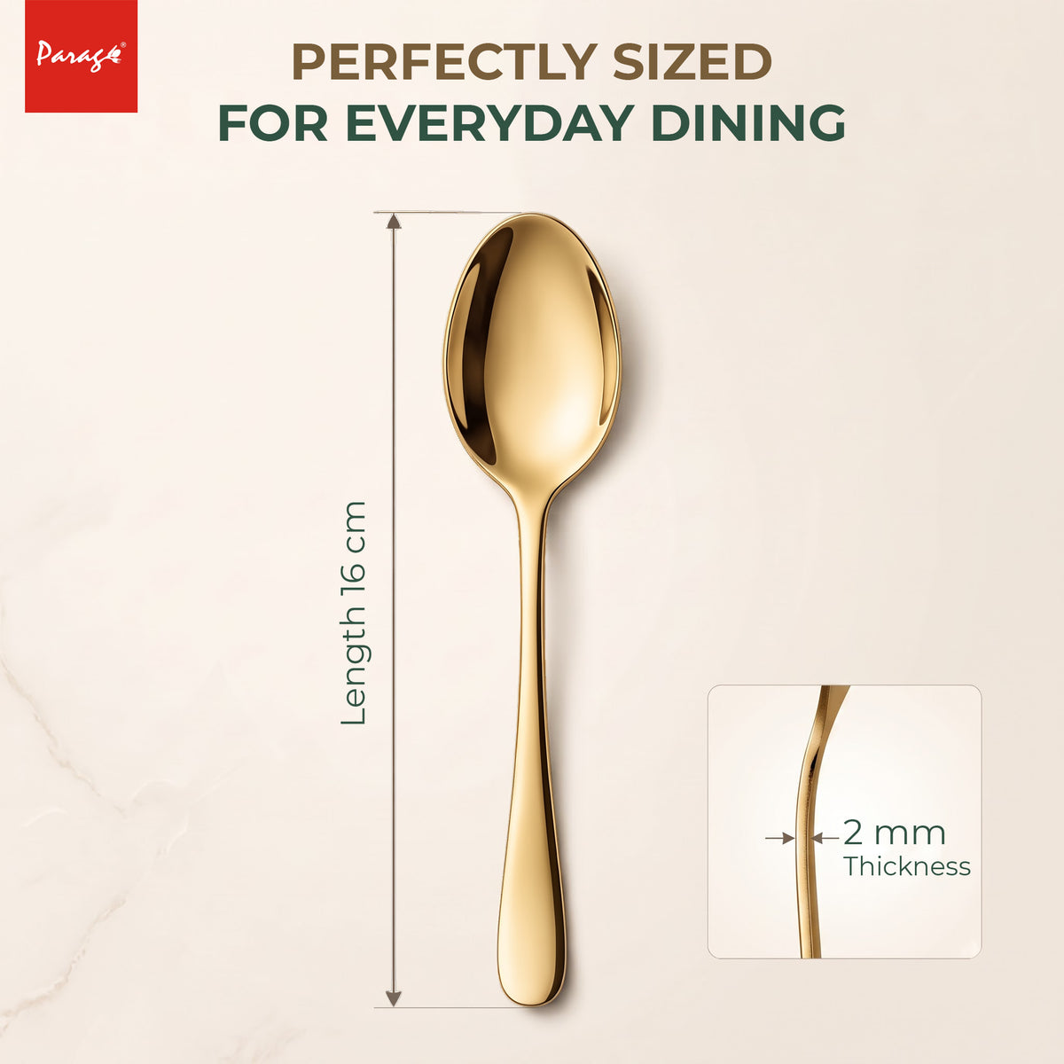 Parage Tiara Stainless Steel PVD Gold Dinner Spoon Set of 6, Length 16cm Tableware with 2mm Thickness Spoons, Mirror Finish for Home Kitchen Dining