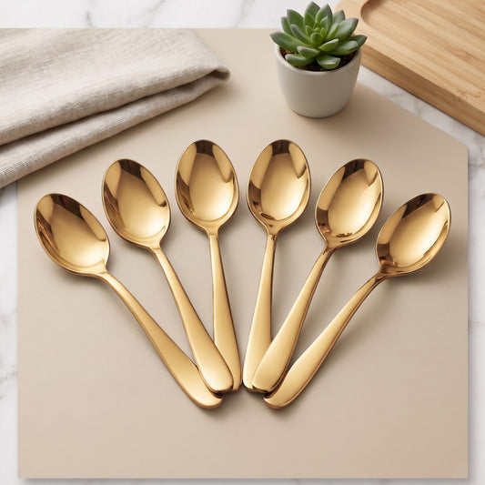 Parage Tiara Stainless Steel PVD Gold Coffee Spoon Set of 6, 11.7 cm Length Small Tea Spoons, 2mm Thickness Heavy Gauge Mirror Finish Cutlery for Tea Coffee Dessert Home Kitchen Dining