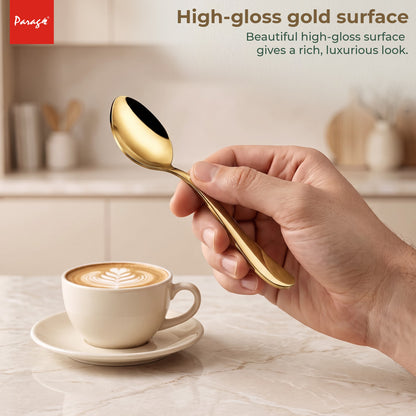 Parage Tiara Stainless Steel PVD Gold Coffee Spoon Set of 6, 11.7 cm Length Small Tea Spoons, 2mm Thickness Heavy Gauge Mirror Finish Cutlery for Tea Coffee Dessert Home Kitchen Dining