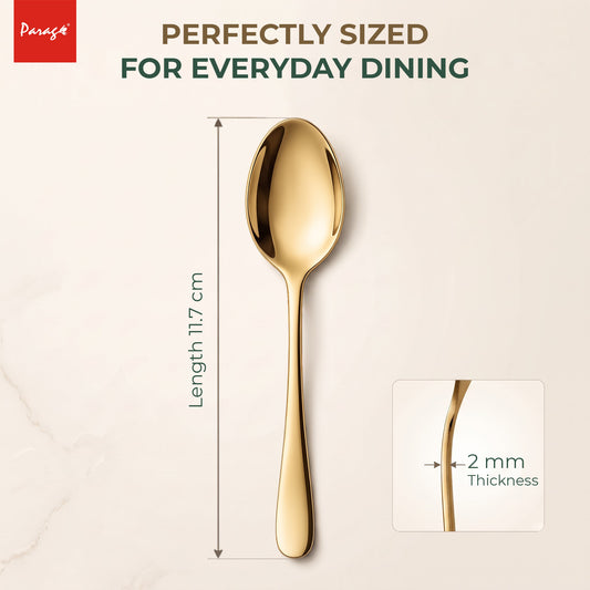 Parage Tiara Stainless Steel PVD Gold Coffee Spoon Set of 6, 11.7 cm Length Small Tea Spoons, 2mm Thickness Heavy Gauge Mirror Finish Cutlery for Tea Coffee Dessert Home Kitchen Dining