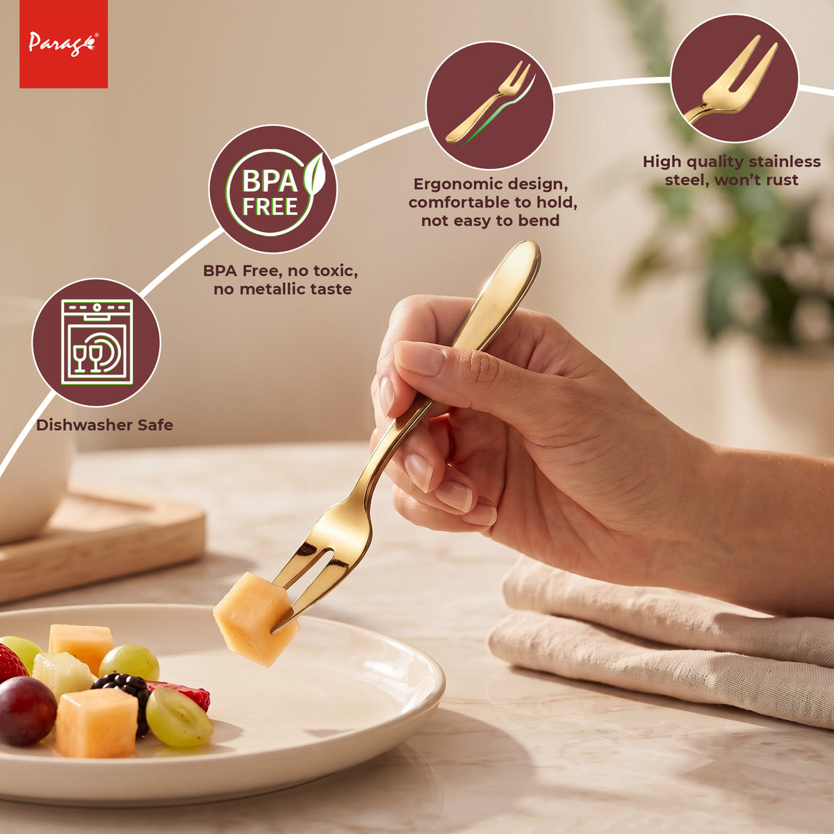 Parage TIARA Stainless Steel PVD Gold Fruit Fork Set of 6, 2MM Heavy Gauge Food Grade Cutlery, 12.5 CM Length, Mirror Finish Table Forks, Rust Resistant Flatware for Kitchen Hotel Restaurant Dining