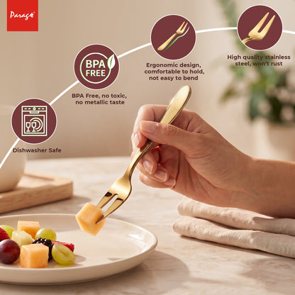 Parage TIARA Stainless Steel PVD Gold Fruit Fork Set of 6, 2MM Heavy Gauge Food Grade Cutlery, 12.5 CM Length, Mirror Finish Table Forks, Rust Resistant Flatware for Kitchen Hotel Restaurant Dining