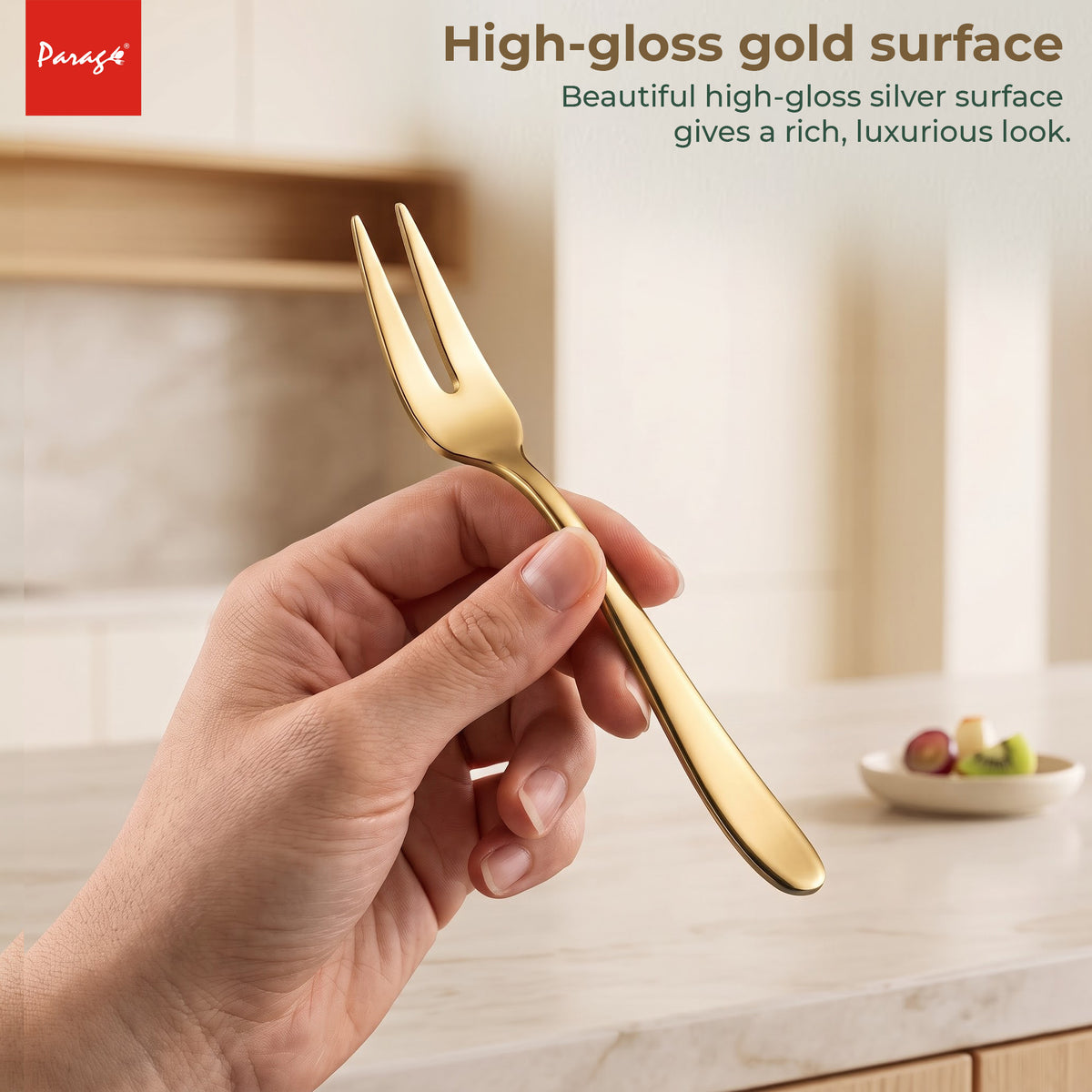 Parage TIARA Stainless Steel PVD Gold Fruit Fork Set of 6, 2MM Heavy Gauge Food Grade Cutlery, 12.5 CM Length, Mirror Finish Table Forks, Rust Resistant Flatware for Kitchen Hotel Restaurant Dining