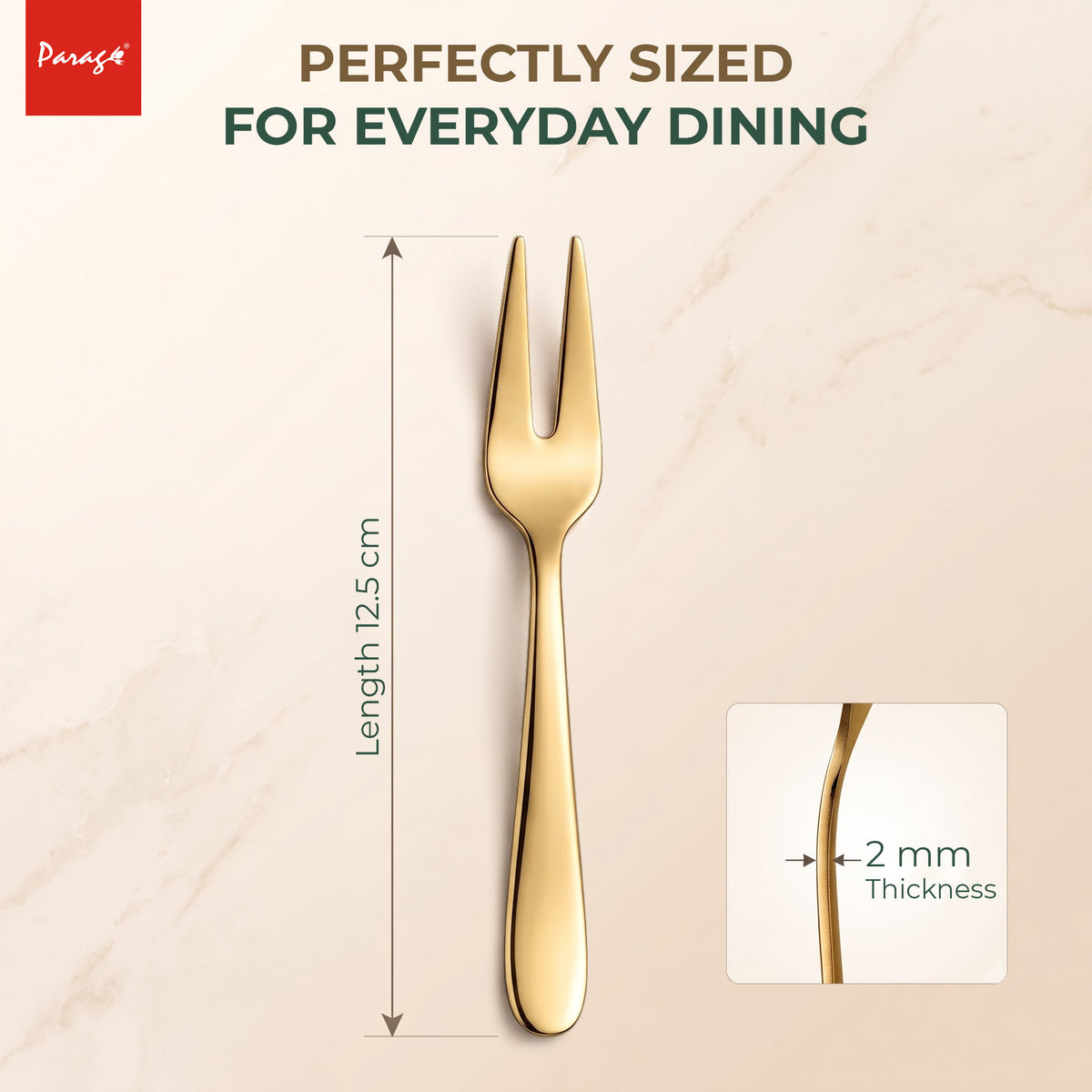 Parage TIARA Stainless Steel PVD Gold Fruit Fork Set of 6, 2MM Heavy Gauge Food Grade Cutlery, 12.5 CM Length, Mirror Finish Table Forks, Rust Resistant Flatware for Kitchen Hotel Restaurant Dining