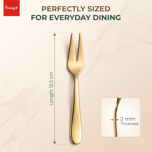 Parage TIARA Stainless Steel PVD Gold Fruit Fork Set of 6, 2MM Heavy Gauge Food Grade Cutlery, 12.5 CM Length, Mirror Finish Table Forks, Rust Resistant Flatware for Kitchen Hotel Restaurant Dining