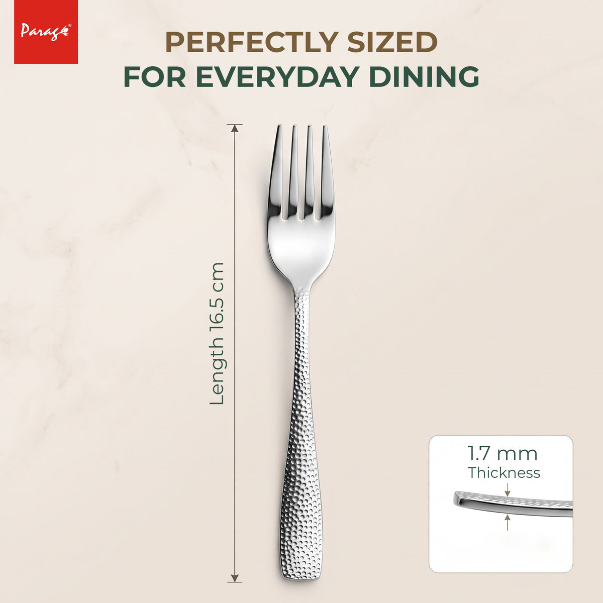 Hammered Stainless Steel Dinner Fork Set of 6, 16.5 cm Length Table Forks with 1.7 mm Thickness Heavy Gauge Thicknes – Parage