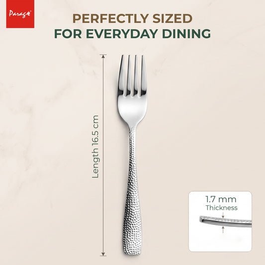 Hammered Stainless Steel Dinner Fork Set of 6, 16.5 cm Length Table Forks with 1.7 mm Thickness Heavy Gauge Thicknes – Parage