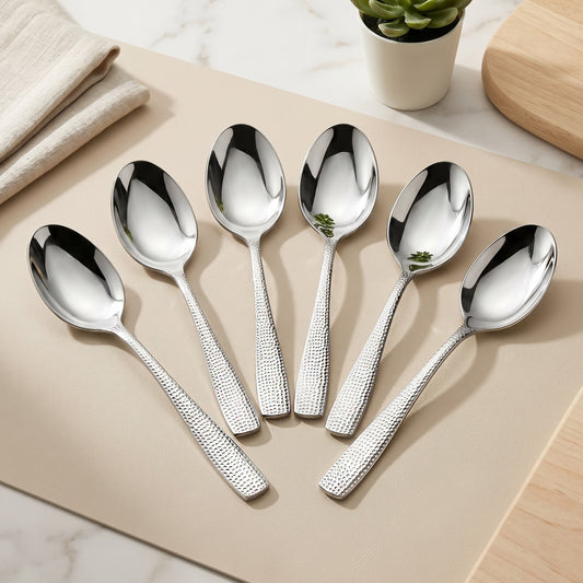 Hammered Stainless Steel Spoon Set of 6, 16.5cm Dinner Spoons, 1.7mm Thickness Heavy Gauge Cutlery Set with Mirror F – Parage