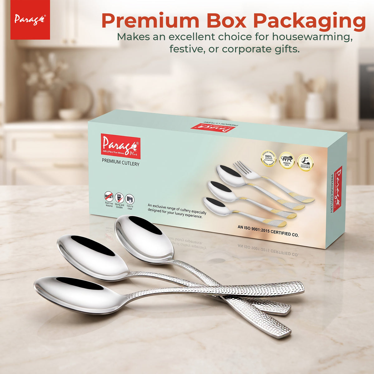 Hammered Stainless Steel Spoon Set of 6, 16.5cm Dinner Spoons, 1.7mm Thickness Heavy Gauge Cutlery Set with Mirror F – Parage