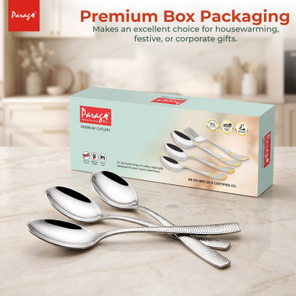 Hammered Stainless Steel Spoon Set of 6, 16.5cm Dinner Spoons, 1.7mm Thickness Heavy Gauge Cutlery Set with Mirror F – Parage