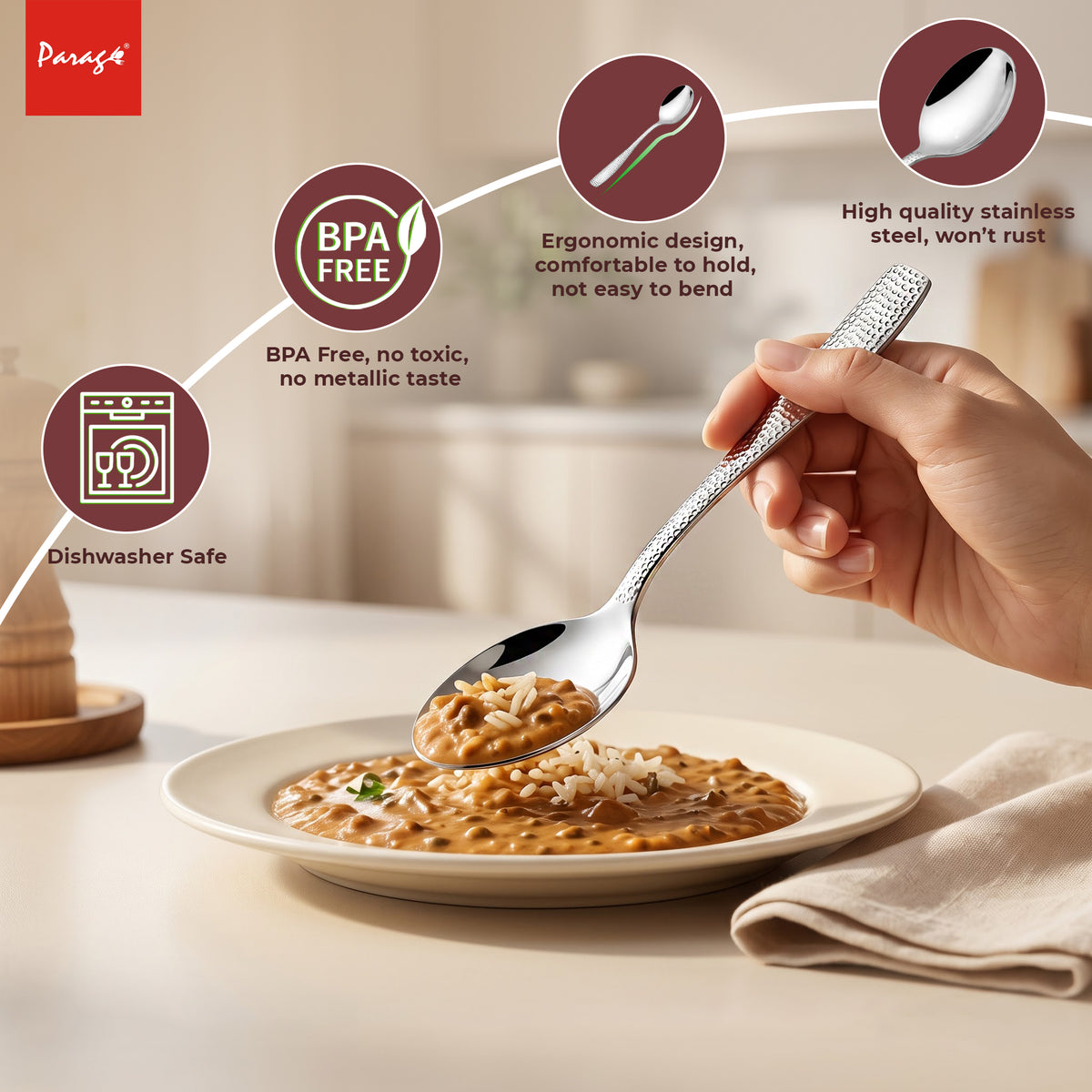 Hammered Stainless Steel Spoon Set of 6, 16.5cm Dinner Spoons, 1.7mm Thickness Heavy Gauge Cutlery Set with Mirror F – Parage