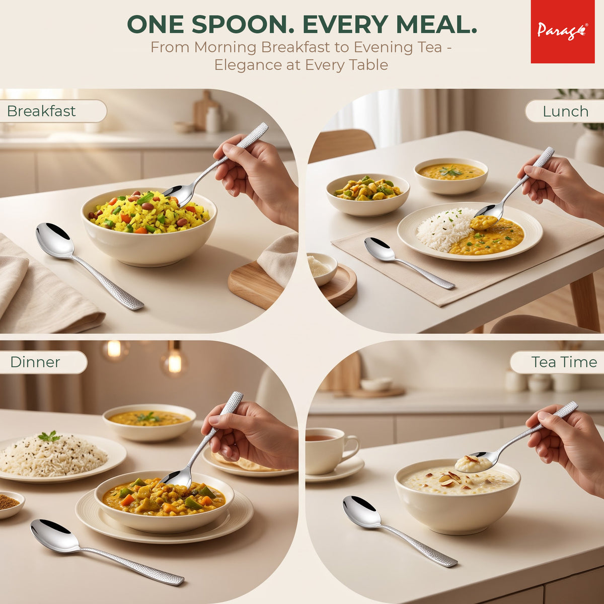 Hammered Stainless Steel Spoon Set of 6, 16.5cm Dinner Spoons, 1.7mm Thickness Heavy Gauge Cutlery Set with Mirror F – Parage