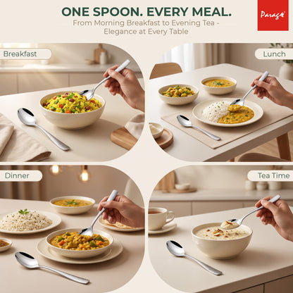 Hammered Stainless Steel Spoon Set of 6, 16.5cm Dinner Spoons, 1.7mm Thickness Heavy Gauge Cutlery Set with Mirror F – Parage
