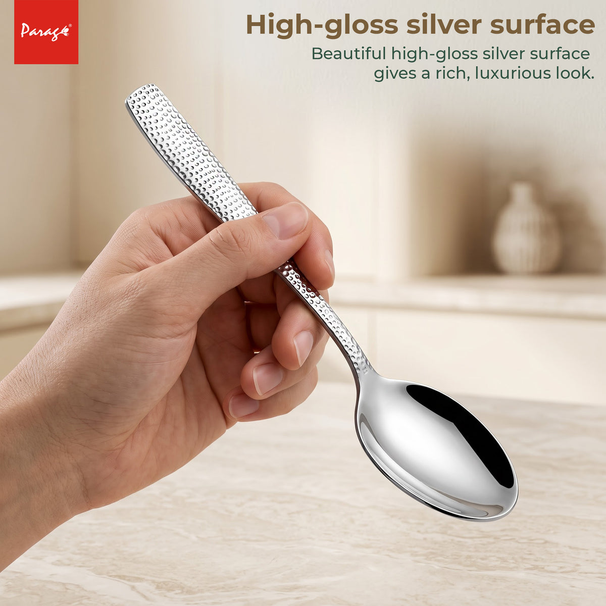 Hammered Stainless Steel Spoon Set of 6, 16.5cm Dinner Spoons, 1.7mm Thickness Heavy Gauge Cutlery Set with Mirror F – Parage
