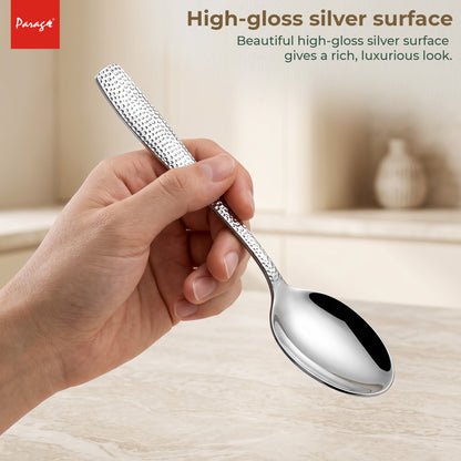 Hammered Stainless Steel Spoon Set of 6, 16.5cm Dinner Spoons, 1.7mm Thickness Heavy Gauge Cutlery Set with Mirror F – Parage