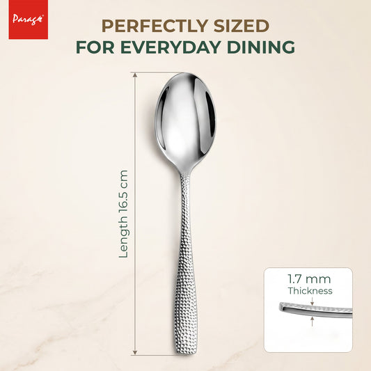 Hammered Stainless Steel Spoon Set of 6, 16.5cm Dinner Spoons, 1.7mm Thickness Heavy Gauge Cutlery Set with Mirror F – Parage