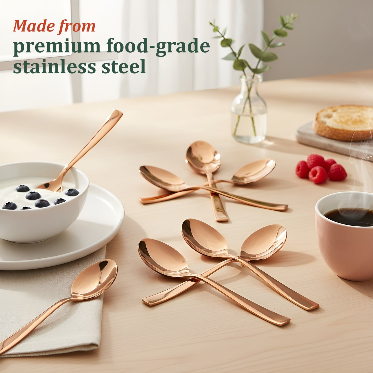 Dinner Spoon Set | 16cm, 6 piece | Stainless Steel | Rose Gold
