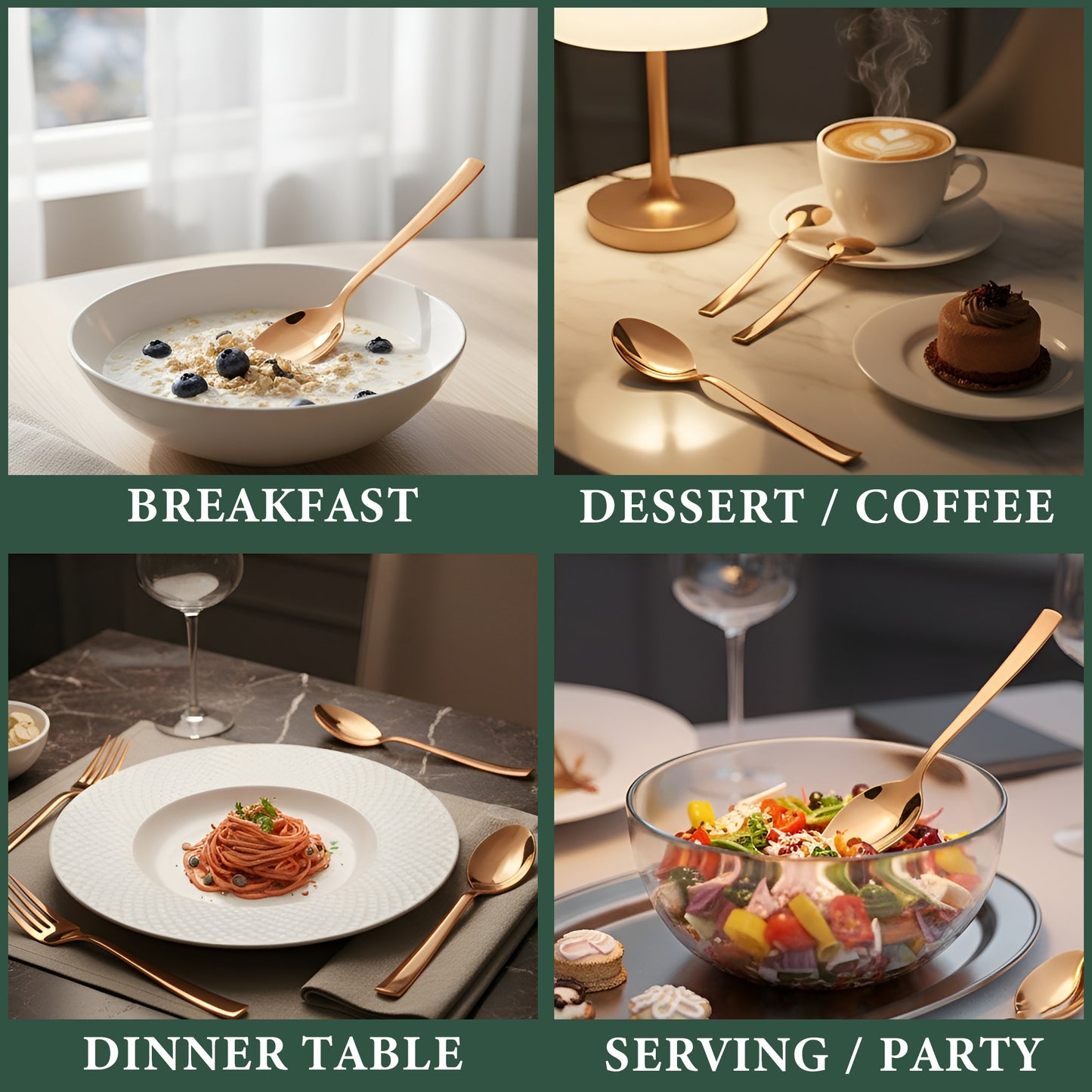 Dinner Spoon Set | 16cm, 6 piece | Stainless Steel | Rose Gold