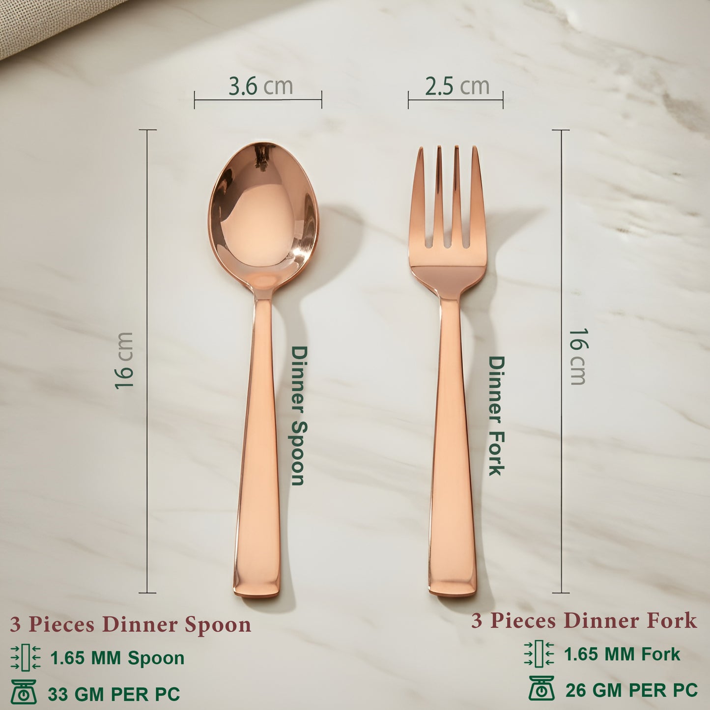 6 Pieces Stainless Steel Rose Gold Spoon & Fork Set, 16 cm Each, Premium Cutlery Set for Home & Kitchen, PVD Rose Gold Flatware, Elegant Dining (3 Dinner Spoons & 3 Dinner Forks)