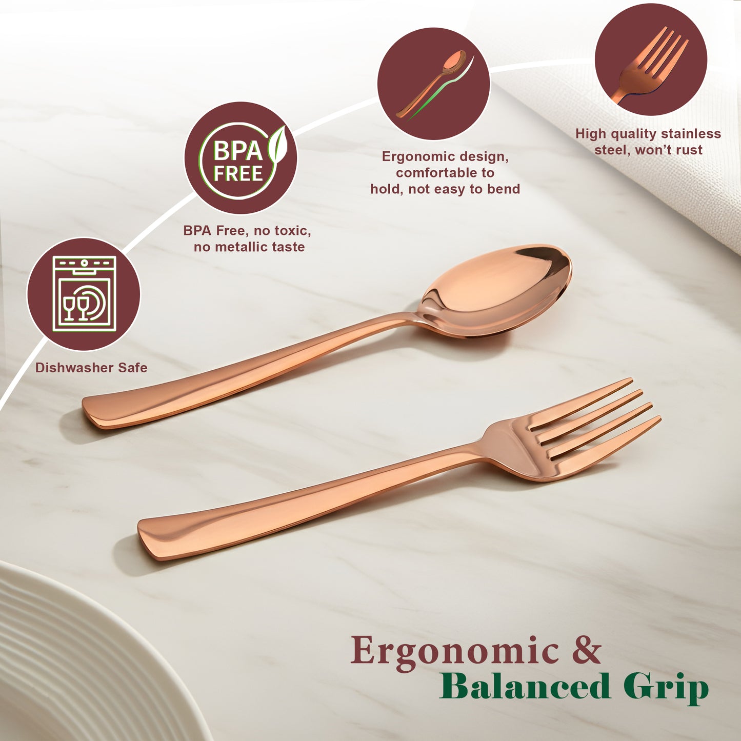 6 Pieces Stainless Steel Rose Gold Spoon & Fork Set, 16 cm Each, Premium Cutlery Set for Home & Kitchen, PVD Rose Gold Flatware, Elegant Dining (3 Dinner Spoons & 3 Dinner Forks)