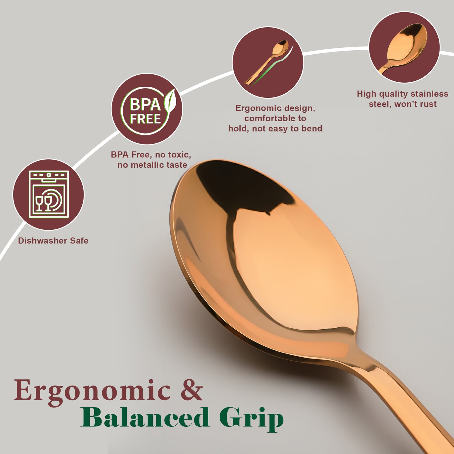Dinner Spoon Set | 18cm, 6 piece | Stainless Steel | Rose Gold