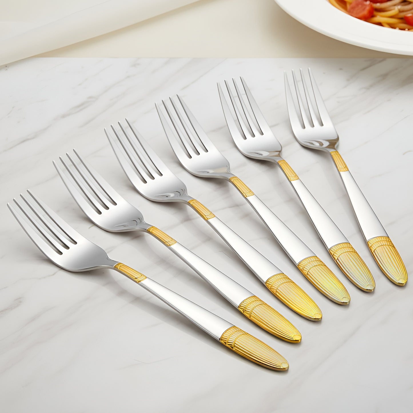 6-Piece Stainless Steel 24K Gold Dinner Forks Set | 16cm Premium Dining Cutlery with Ivory Design - Luxury Tableware for Home & Kitchen