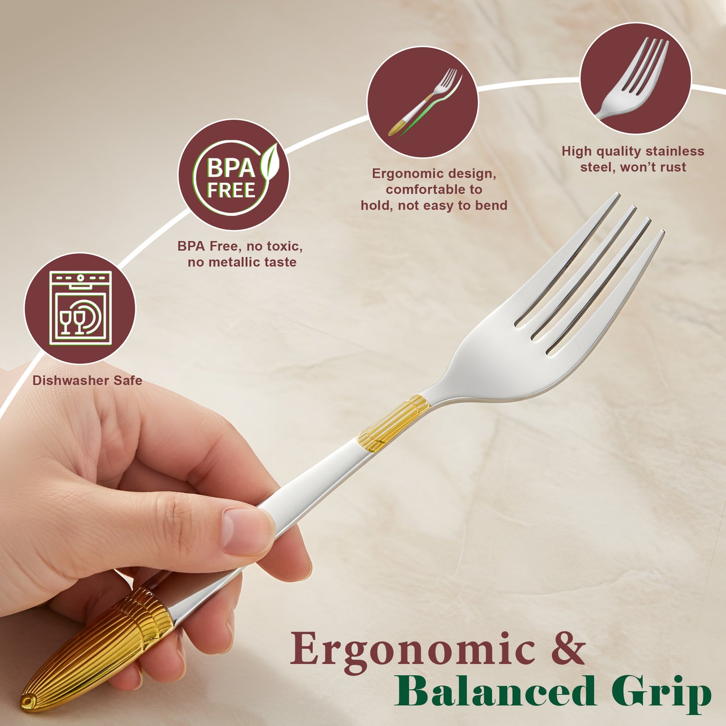 6-Piece Stainless Steel 24K Gold Dinner Forks Set | 16cm Premium Dining Cutlery with Ivory Design - Luxury Tableware for Home & Kitchen