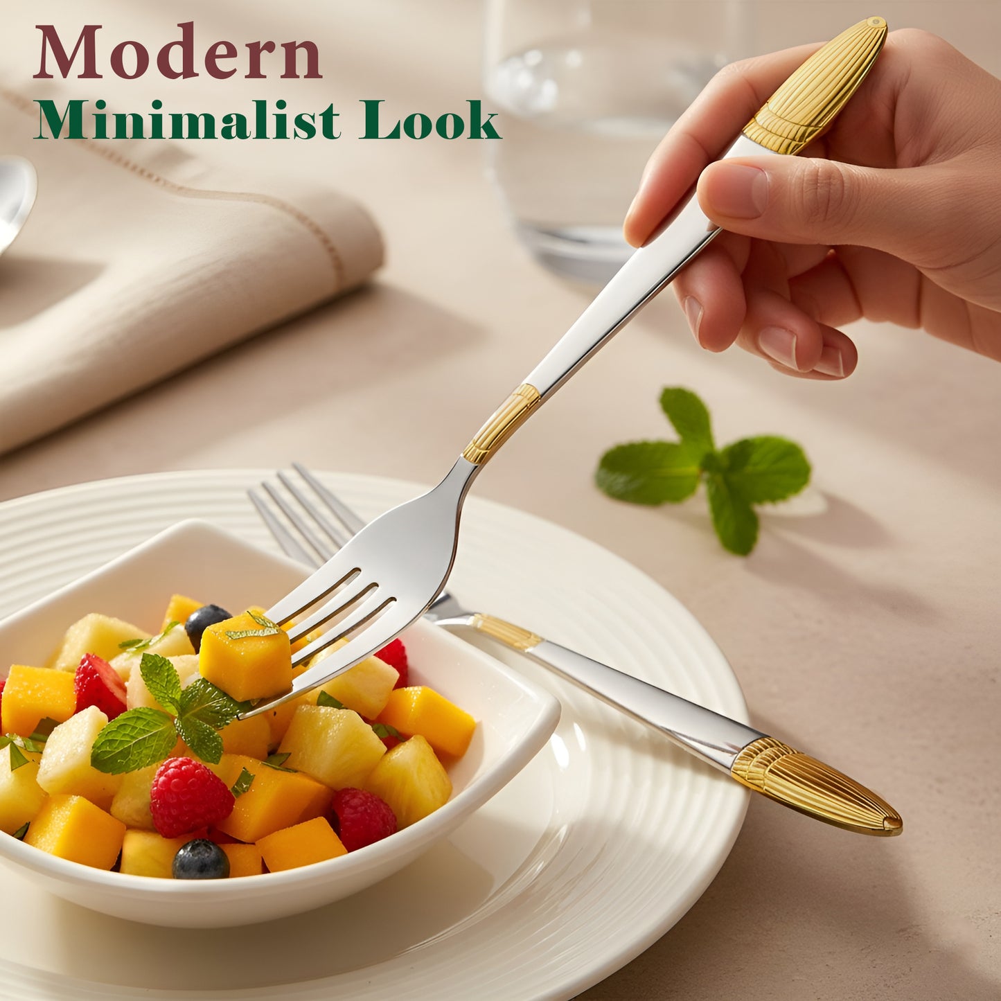 6-Piece Stainless Steel 24K Gold Dinner Forks Set | 16cm Premium Dining Cutlery with Ivory Design - Luxury Tableware for Home & Kitchen