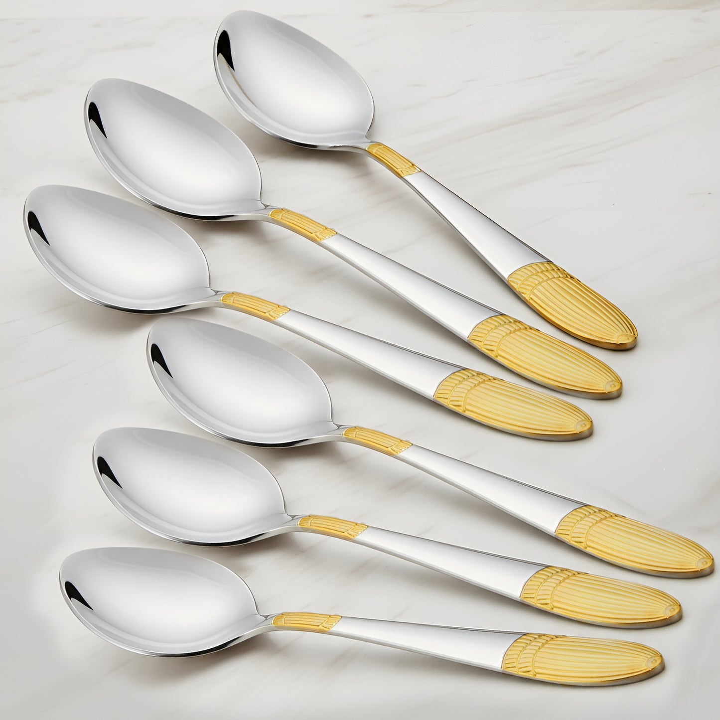 6-Piece Stainless Steel 24K Gold Dinner Spoon Set | 16cm Premium Spoons, Luxury Tableware & Gift (Ivory Design)