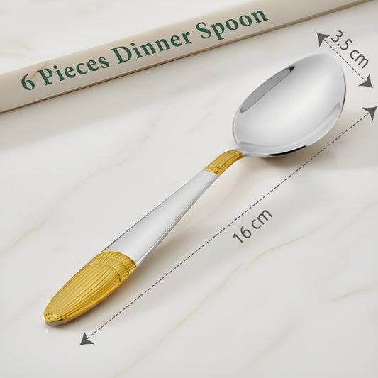 6-Piece Stainless Steel 24K Gold Dinner Spoon Set | 16cm Premium Spoons, Luxury Tableware & Gift (Ivory Design)