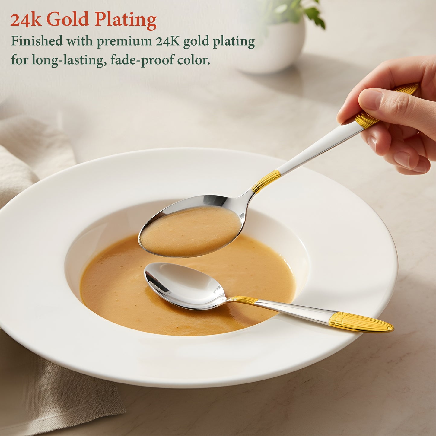 6-Piece Stainless Steel 24K Gold Dinner Spoon Set | 16cm Premium Spoons, Luxury Tableware & Gift (Ivory Design)