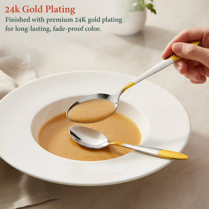 6-Piece Stainless Steel 24K Gold Dinner Spoon Set | 16cm Premium Spoons, Luxury Tableware & Gift (Ivory Design)