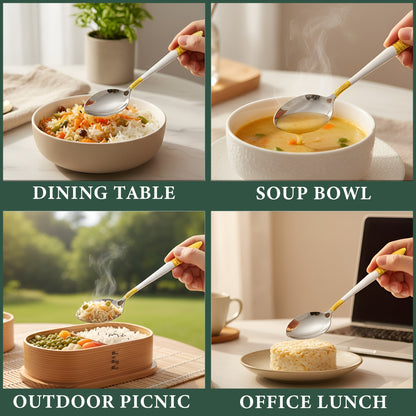 6-Piece Stainless Steel 24K Gold Dinner Spoon Set | 16cm Premium Spoons, Luxury Tableware & Gift (Ivory Design)