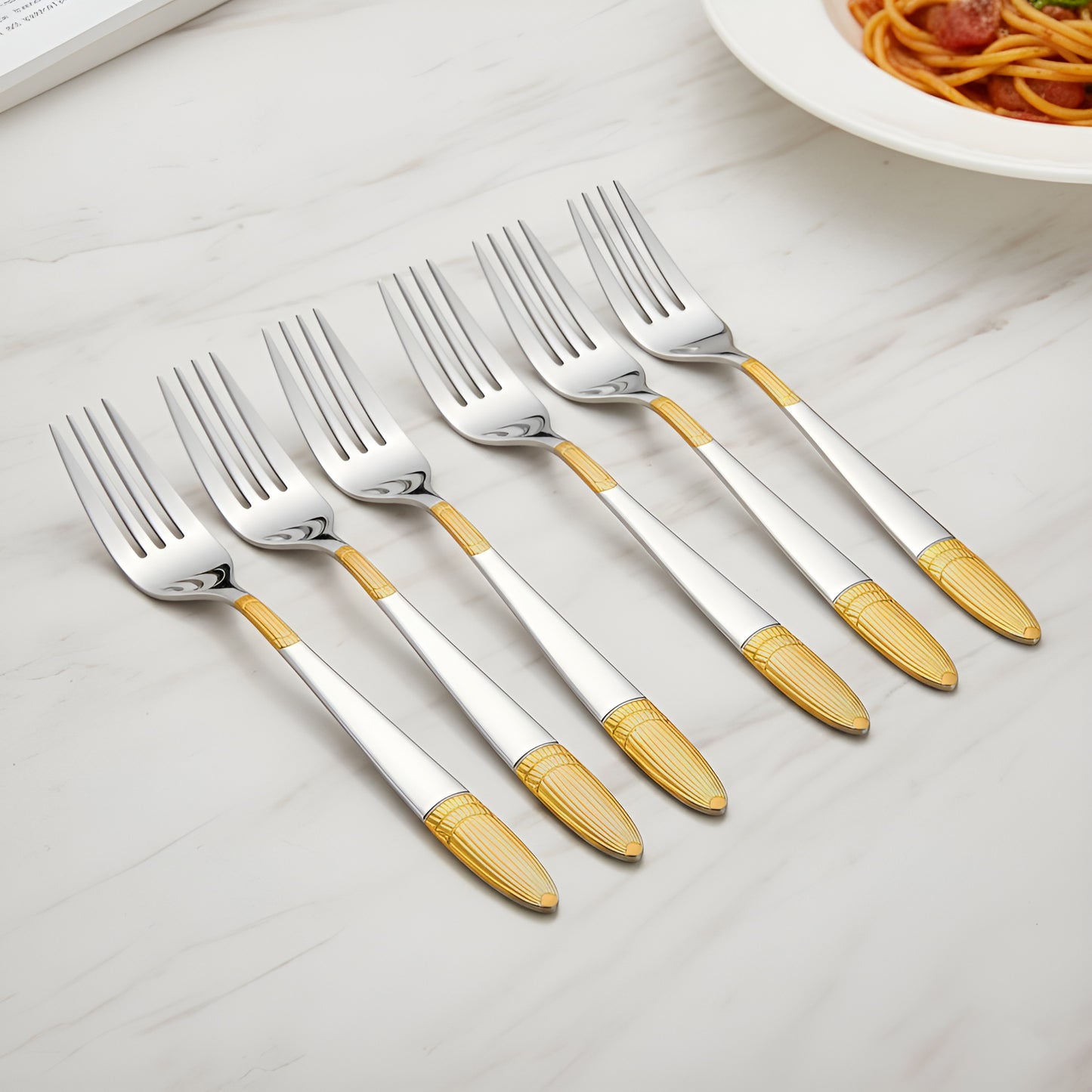 6 Pieces Stainless Steel 24K Gold Forks Set - 18 cm Premium Ivory Design Cutlery