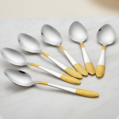 6-Piece Stainless Steel 24K Gold Spoon Set | 18cm Premium Large Spoons, Luxury Tableware & Housewarming Gift (Ivory Design)