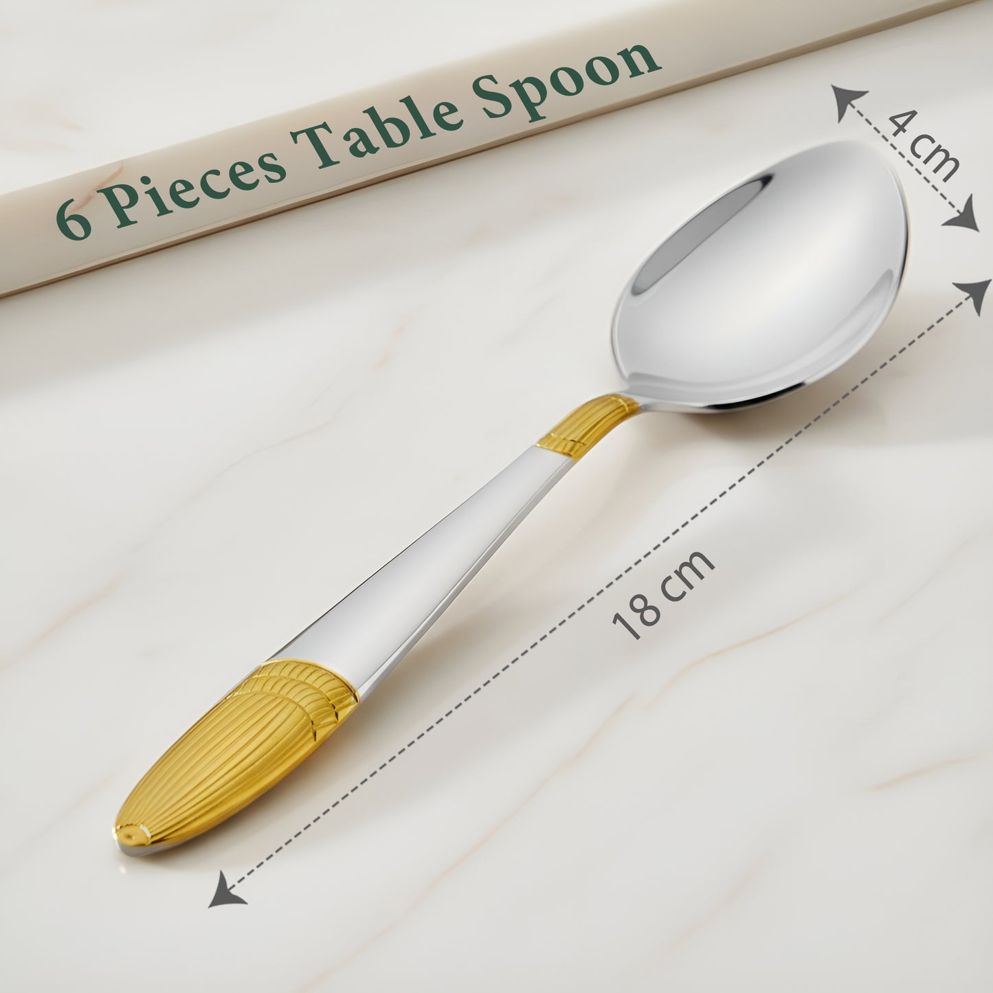 6-Piece Stainless Steel 24K Gold Spoon Set | 18cm Premium Large Spoons, Luxury Tableware & Housewarming Gift (Ivory Design)