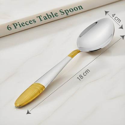 6-Piece Stainless Steel 24K Gold Spoon Set | 18cm Premium Large Spoons, Luxury Tableware & Housewarming Gift (Ivory Design)