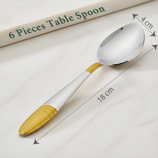 6-Piece Stainless Steel 24K Gold Spoon Set | 18cm Premium Large Spoons, Luxury Tableware & Housewarming Gift (Ivory Design)