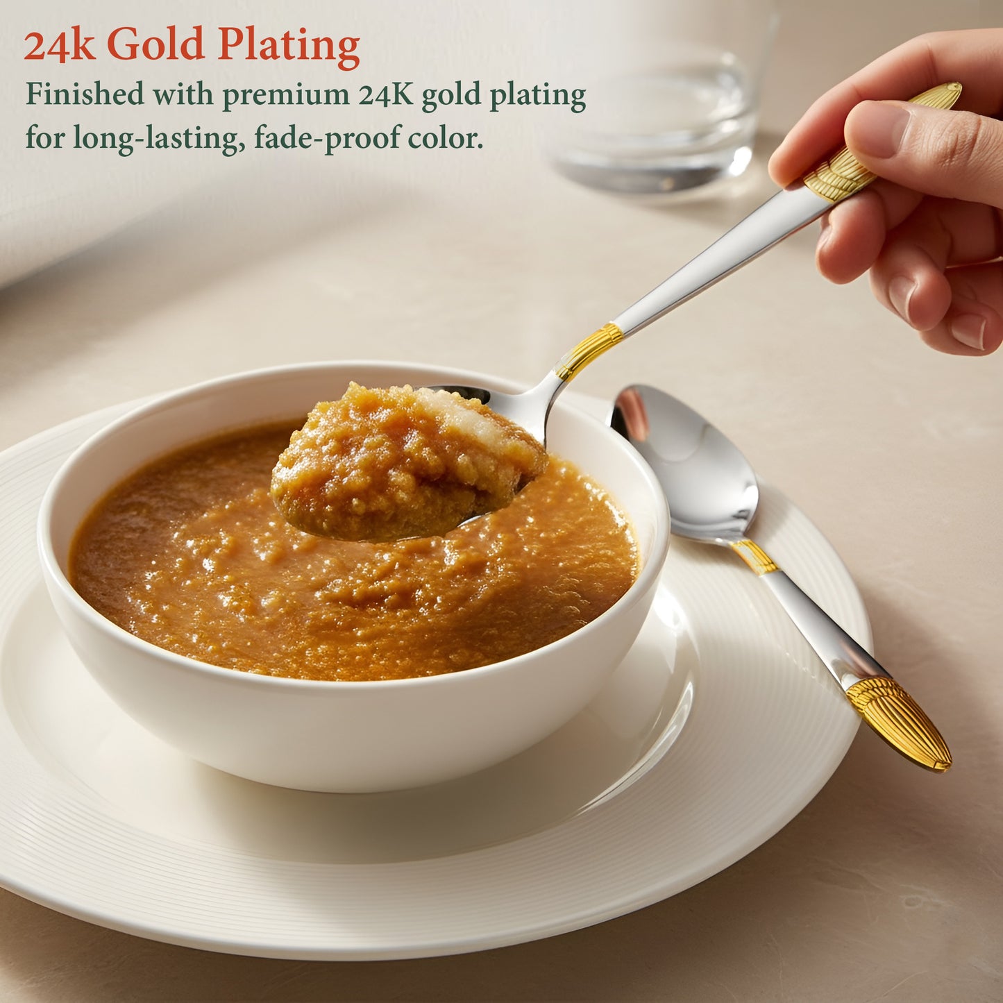 6-Piece Stainless Steel 24K Gold Spoon Set | 18cm Premium Large Spoons, Luxury Tableware & Housewarming Gift (Ivory Design)