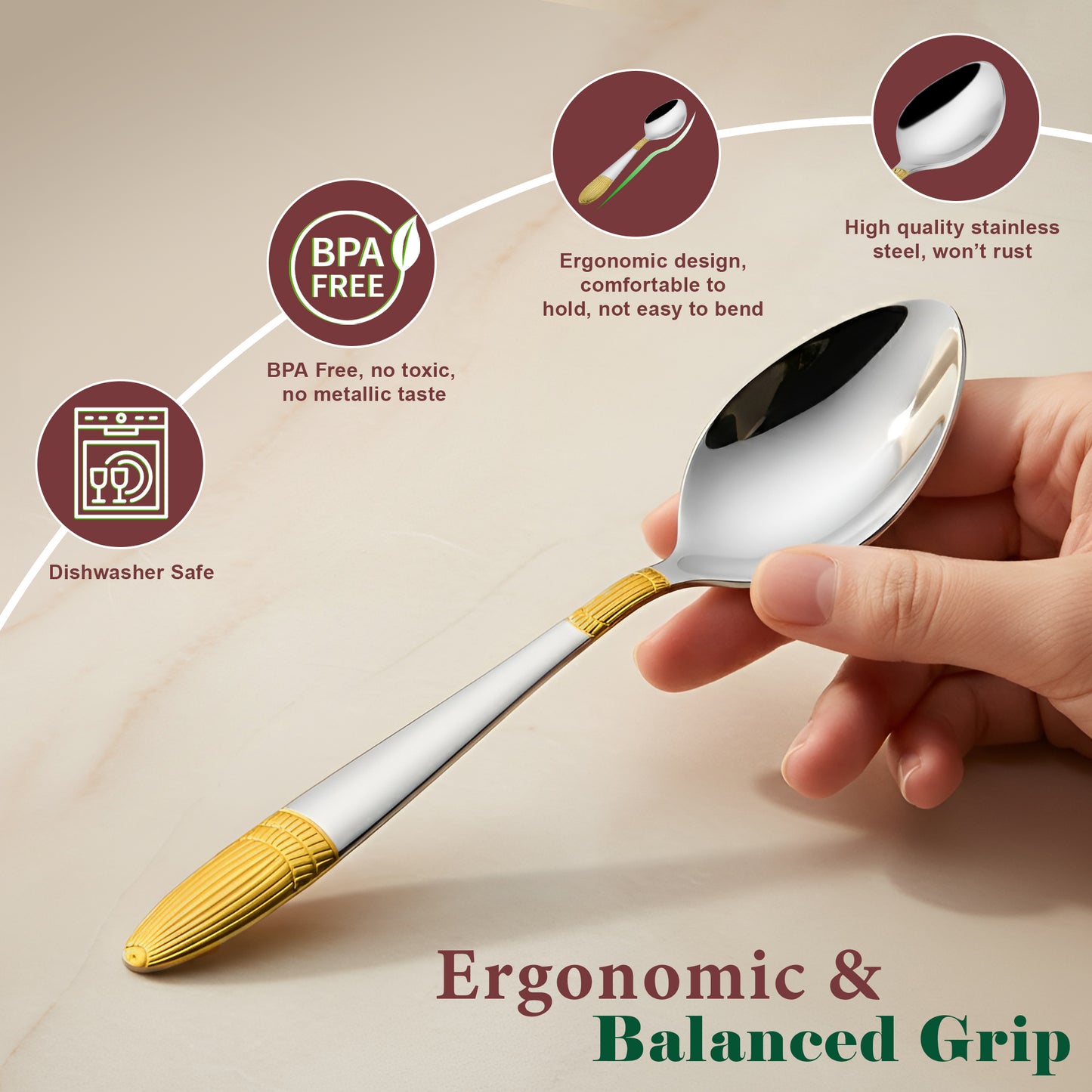 6-Piece Stainless Steel 24K Gold Spoon Set | 18cm Premium Large Spoons, Luxury Tableware & Housewarming Gift (Ivory Design)