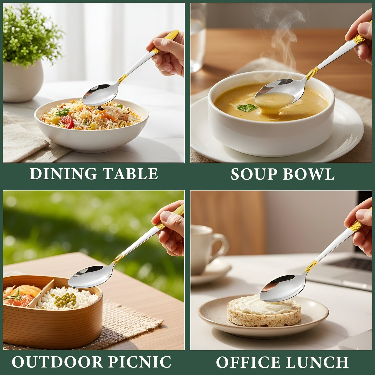 6-Piece Stainless Steel 24K Gold Spoon Set | 18cm Premium Large Spoons, Luxury Tableware & Housewarming Gift (Ivory Design)